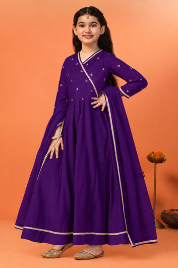 Girls Purple Silk Blend Embroidered Fit and Flare Maxi Dress and Dupatta Set