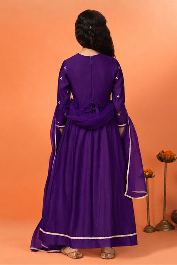 Girls Purple Silk Blend Embroidered Fit and Flare Maxi Dress and Dupatta Set