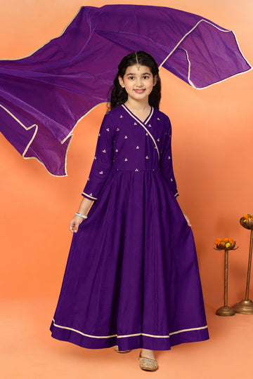 Girls Purple Silk Blend Embroidered Fit and Flare Maxi Dress and Dupatta Set