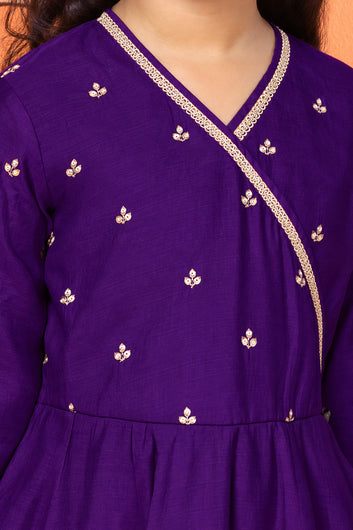 Girls Purple Silk Blend Embroidered Fit and Flare Maxi Dress and Dupatta Set
