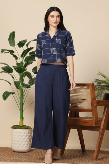 Womens Navy Blue Cotton Blend Embroidered Co-ords Shirt With Pant Set