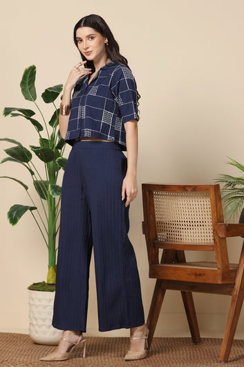 Womens Navy Blue Cotton Blend Embroidered Co-ords Shirt With Pant Set