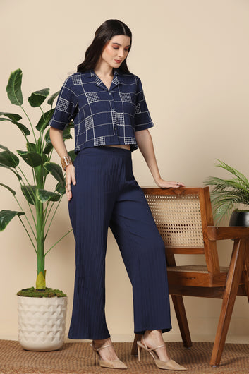 Womens Navy Blue Cotton Blend Embroidered Co-ords Shirt With Pant Set