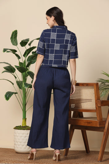 Womens Navy Blue Cotton Blend Embroidered Co-ords Shirt With Pant Set