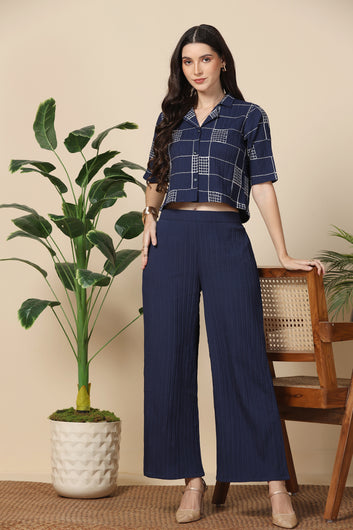 Womens Navy Blue Cotton Blend Embroidered Co-ords Shirt With Pant Set