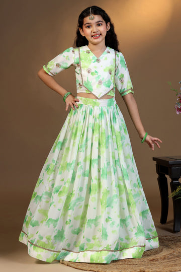 Girls Green Georgette Tie & Dye Lehenga Choli Set