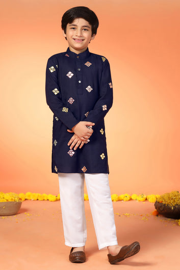 Boys Blue Cotton Blend Embroidered Straight Kurta With Payjama Set