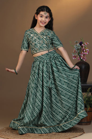 Girls Green Cotton Blend Leheriya Printed Readymade Lehenga With Choli Set