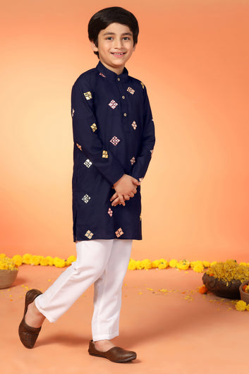 Boys Blue Cotton Blend Embroidered Straight Kurta With Payjama Set