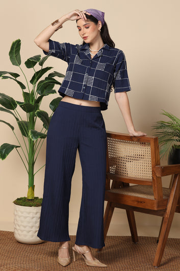 Womens Navy Blue Cotton Blend Embroidered Co-ords Shirt With Pant Set