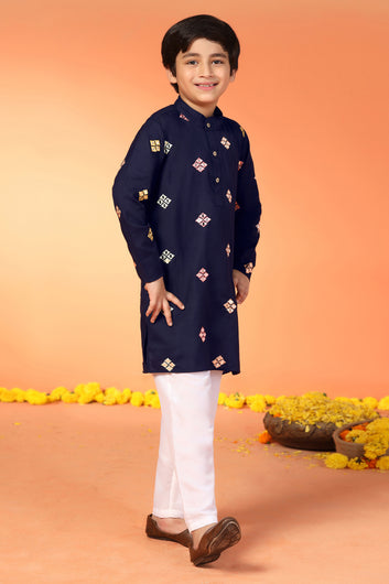 Boys Blue Cotton Blend Embroidered Straight Kurta With Payjama Set