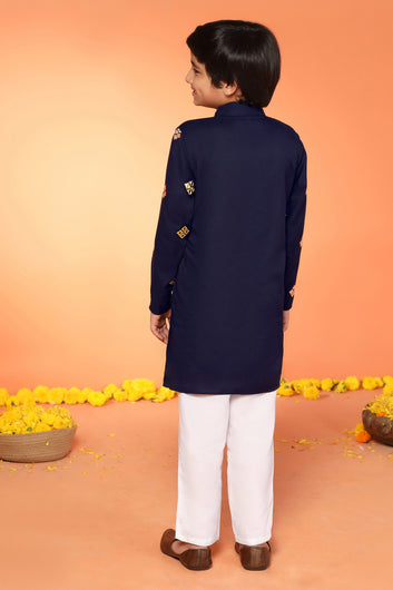 Boys Blue Cotton Blend Embroidered Straight Kurta With Payjama Set