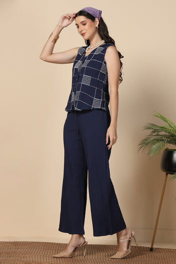 Womens Navy Blue Cotton Blend Embroidered Co-ords Shirt With Pant Set