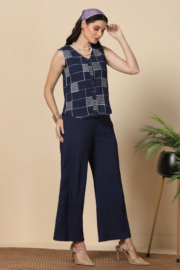 Womens Navy Blue Cotton Blend Embroidered Co-ords Shirt With Pant Set