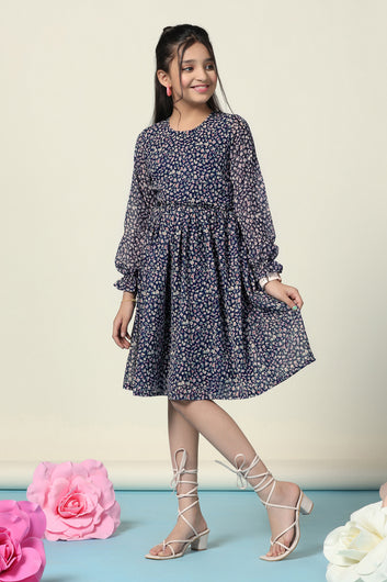 Girls Blue Georgette Floral Printed Fit And Flare Knee Length Dress