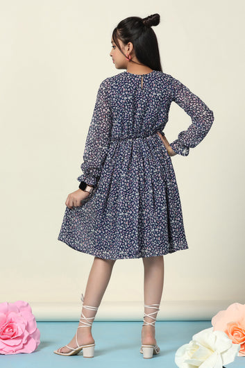 Girls Blue Georgette Floral Printed Fit And Flare Knee Length Dress