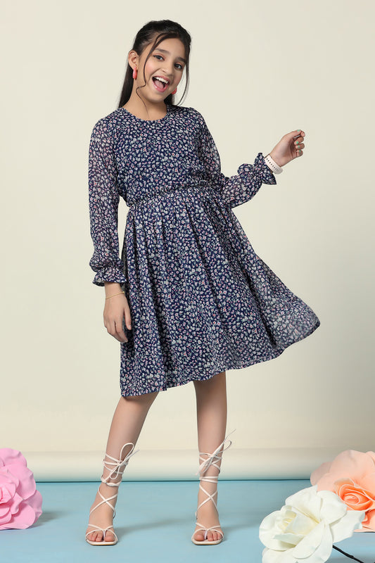 Girls Blue Georgette Floral Printed Fit And Flare Knee Length Dress