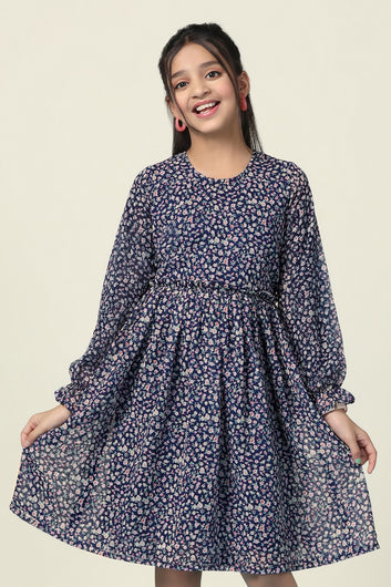 Girls Blue Georgette Floral Printed Fit And Flare Knee Length Dress