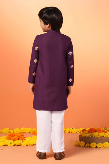 Boys Purple Cotton Blend Embroidered Straight Kurta With Payjama Set