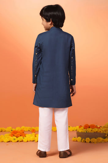 Boys Blue Cotton Blend Embroidered Straight Kurta With Payjama Set