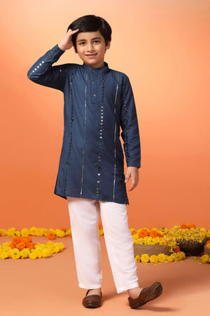 Boys Blue Cotton Blend Embroidered Straight Kurta With Payjama Set
