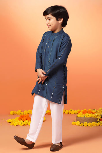 Boys Blue Cotton Blend Embroidered Straight Kurta With Payjama Set