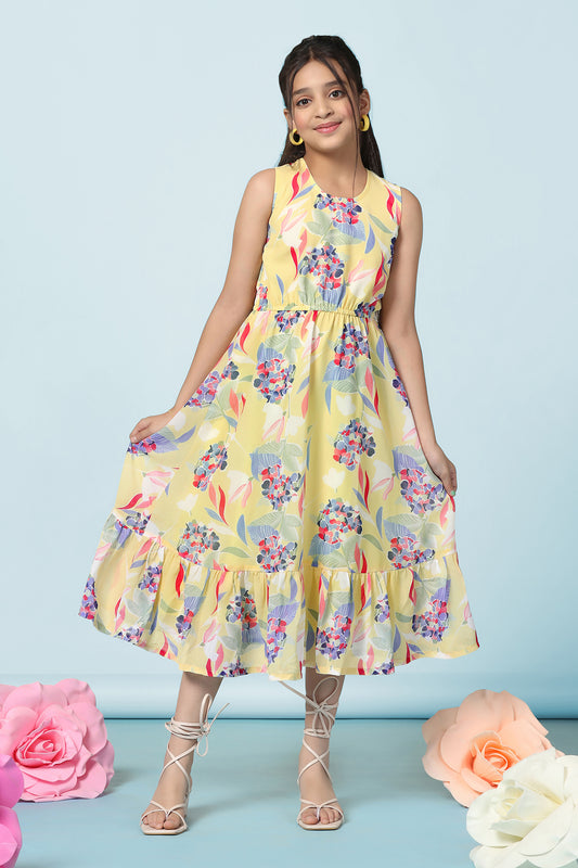 Girls Yellow Georgette All-Over Printed Fit And Flare Calf Length Dress