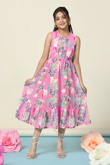 Girls Pink Georgette Floral Printed Fit & Flare Flounce Midi Length Dress