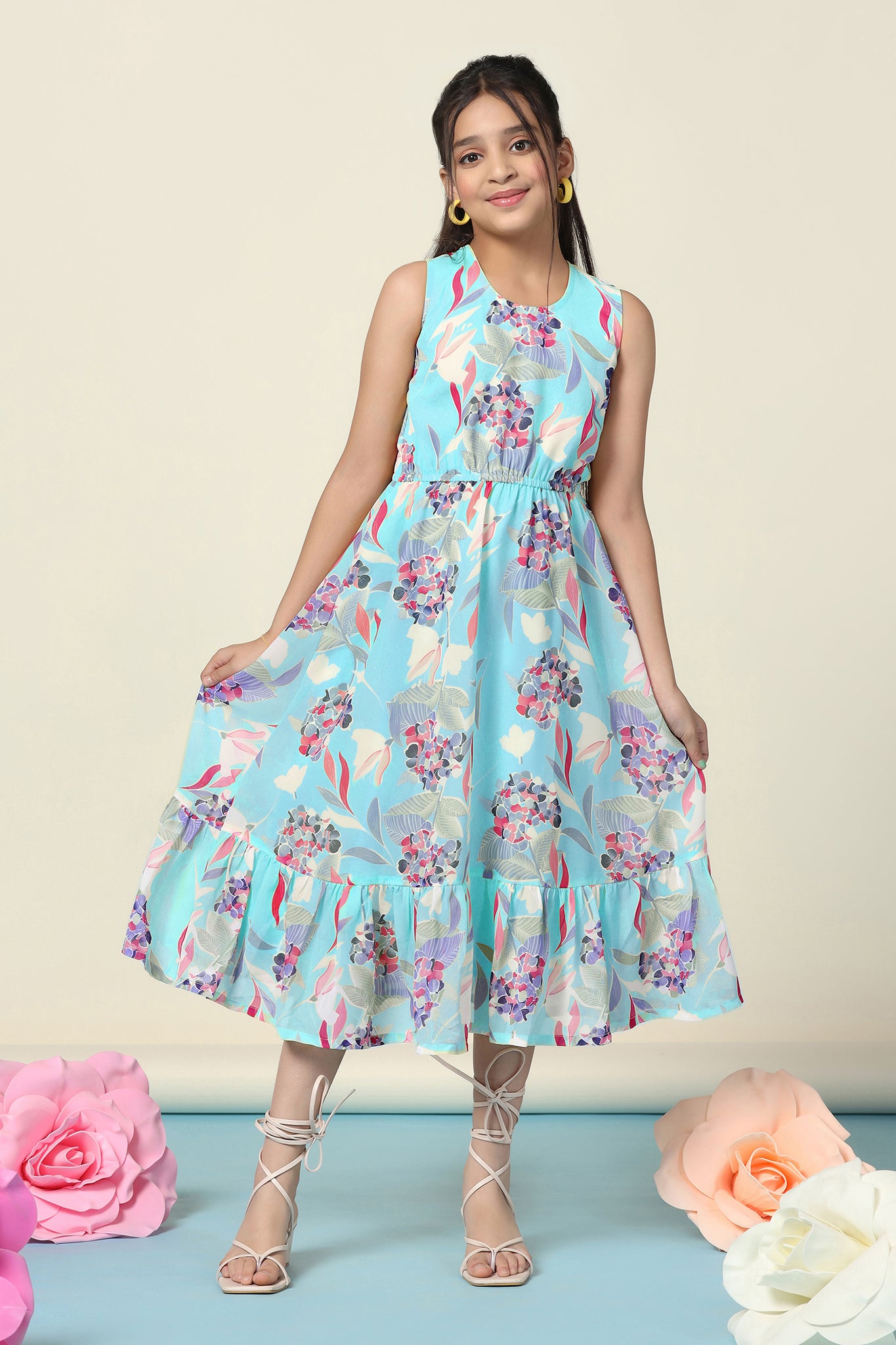 Girls Sea Green Georgette Floral Printed Fit & Flare Flounce Midi Length Dress