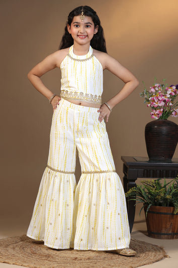 Girls Yellow Georgette Printed Crop Top With Sharara Set