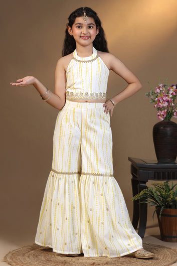 Girls Yellow Georgette Printed Crop Top With Sharara Set