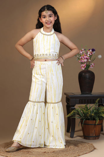 Girls Yellow Georgette Printed Crop Top With Sharara Set