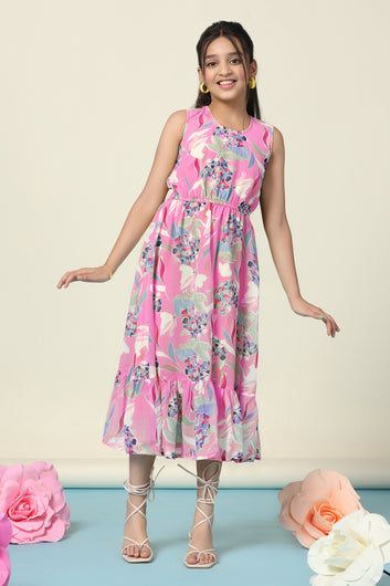 Girls Pink Georgette Floral Printed Fit & Flare Flounce Midi Length Dress