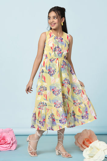 Girls Yellow Georgette All-Over Printed Fit And Flare Calf Length Dress