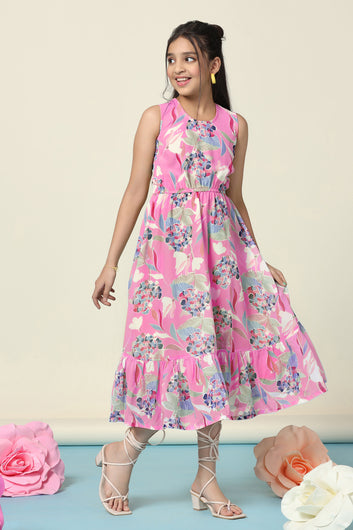 Girls Pink Georgette Floral Printed Fit & Flare Flounce Midi Length Dress