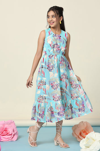 Girls Sea Green Georgette Floral Printed Fit & Flare Flounce Midi Length Dress