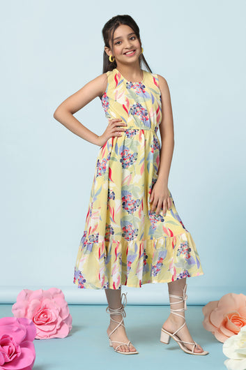 Girls Yellow Georgette All-Over Printed Fit And Flare Calf Length Dress