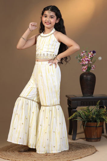 Girls Yellow Georgette Printed Crop Top With Sharara Set