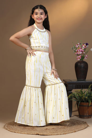 Girls Yellow Georgette Printed Crop Top With Sharara Set