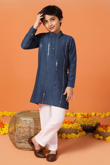 Boys Blue Cotton Blend Embroidered Straight Kurta With Payjama Set