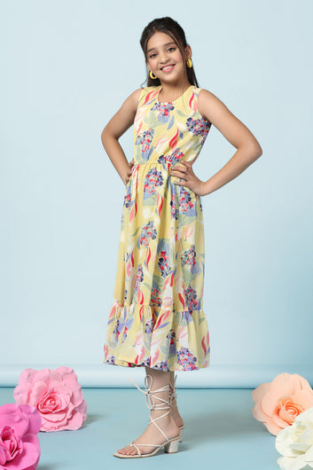 Girls Yellow Georgette All-Over Printed Fit And Flare Calf Length Dress