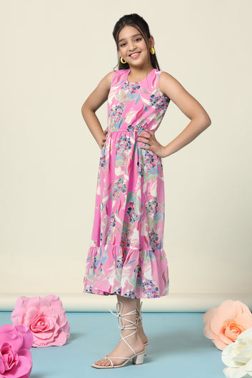 Girls Pink Georgette Floral Printed Fit & Flare Flounce Midi Length Dress