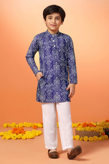 Boy's Dark Blue Muslin Bandhni Printed Kurta With Payjama Set