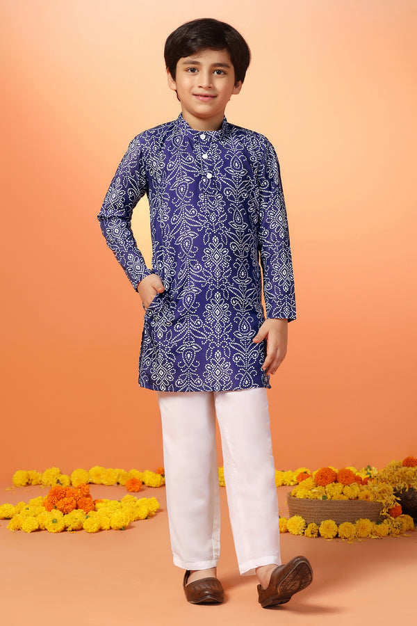 Boy's Dark Blue Muslin Bandhni Printed Kurta With Payjama Set