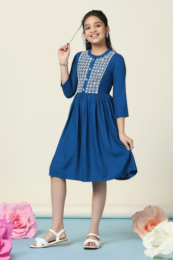 Girls Rama Rayon Embroidered Printed Fit And Flare Knee Length Dress