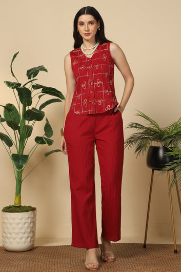 Womens Maroon Cotton Blend Embroidered Co-ords Shirt With Pant Set