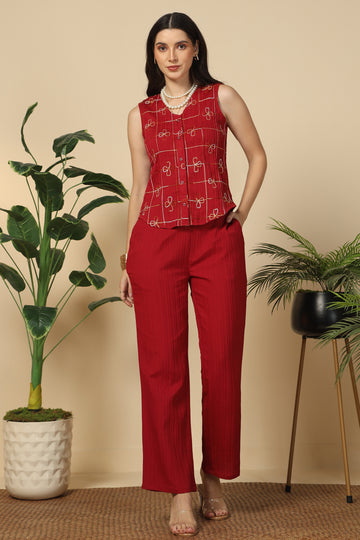 Womens Maroon Cotton Blend Embroidered Co-ords Shirt With Pant Set