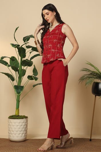 Womens Maroon Cotton Blend Embroidered Co-ords Shirt With Pant Set