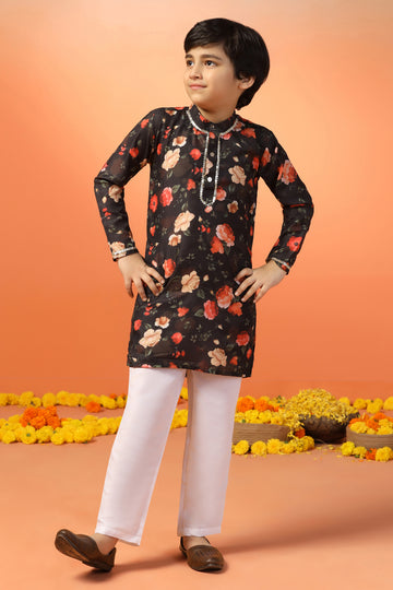 Boys Black Muslin Floral Printed Straight Kurta With Payjama Set