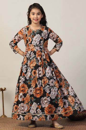 Girls Black Georgette Floral Printed Maxi Dress